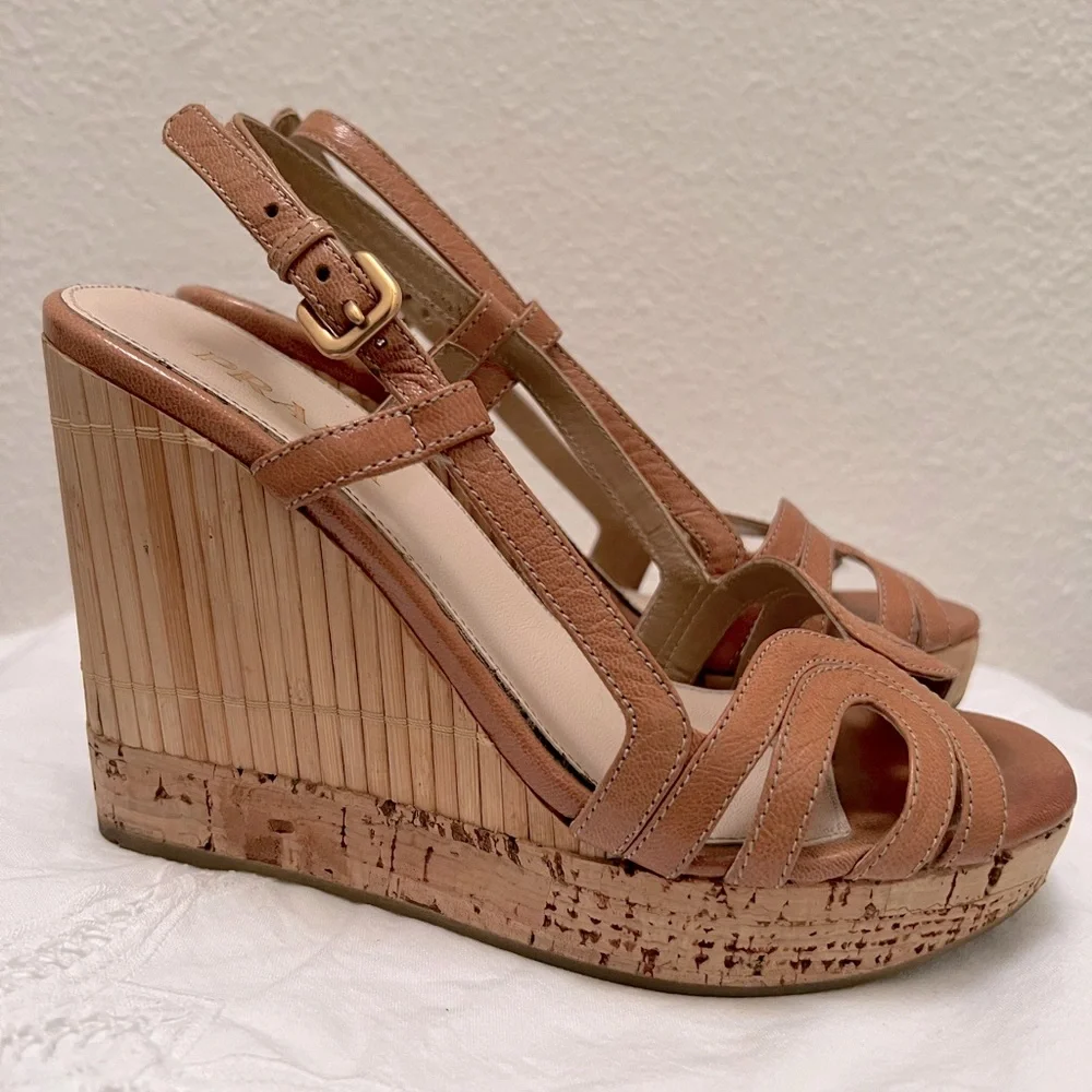 Prada Bamboo and Cork Wedge Heels